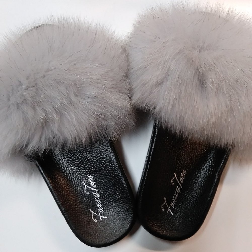 Premium Fox Fur Slides | Gray STORM| Foxxytoes
